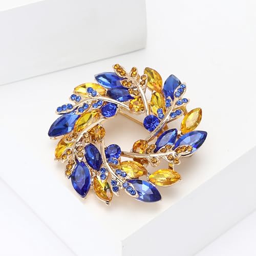 Image of Fashionable Rhinestone Wreath Brooch for Women Ukrainian Blue and Yellow Wheat Ear Brooch Dress Suit Pin Accessories Party Banquet Gift
