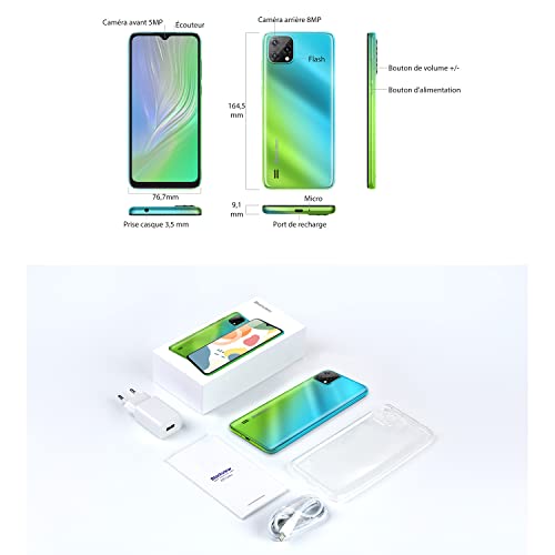 Blackview A55 - Smartphone Processeur Quad-Core - Écran 6.528" HD+ Waterdrop - Caméra Frontale 5MP, Arrière 8MP - 3Go RAM+16Go ROM - Android 11 - Batterie Puissante 4780 mAh - Version Française - Vert