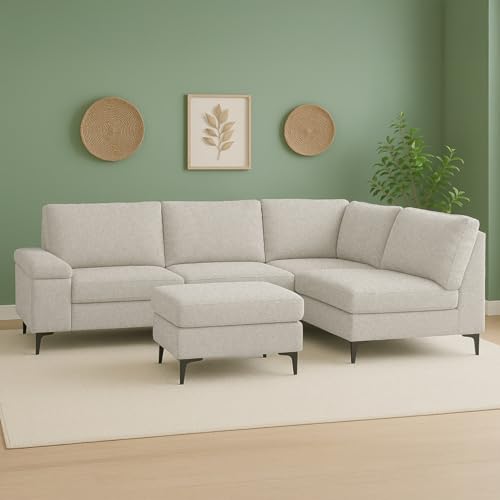 CONCEPT USINE | Sofá de esquina 4/5 plazas Colchester Beige | Tela de chenilla estructurada | Puf modular independiente | Comodidad envolvente | Asiento con muelles ensacados | Diseño