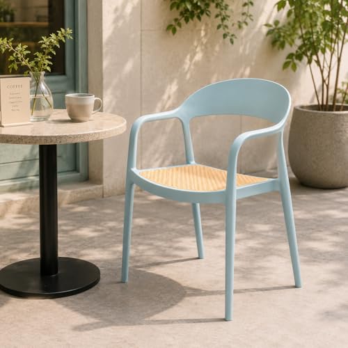Image of Rattan Style Outdoor Chair | Set of 1 Sky Blue Plastic Arm Chair for Garden, Balcony, Patio & Cafe | Lightweight Weather Resistant Seating | 3 Year Manufacturing Warranty