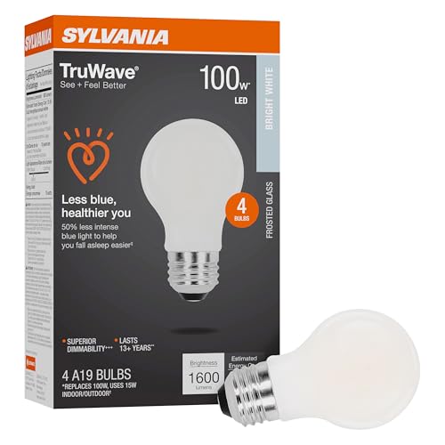 Sylvania LED TruWave Natural Series A19 Light Bulb, 100W Equivalent, Efficient 15W, 1600 Lumens, Medium Base, Dimmable, Frosted, 3500K, Bright White- 4 Pack (42277)