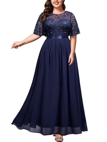 Miusol Women's Plus Size Sequin Lace Round Neck Butterfly Sleeves Formal Evening Maxi Dress