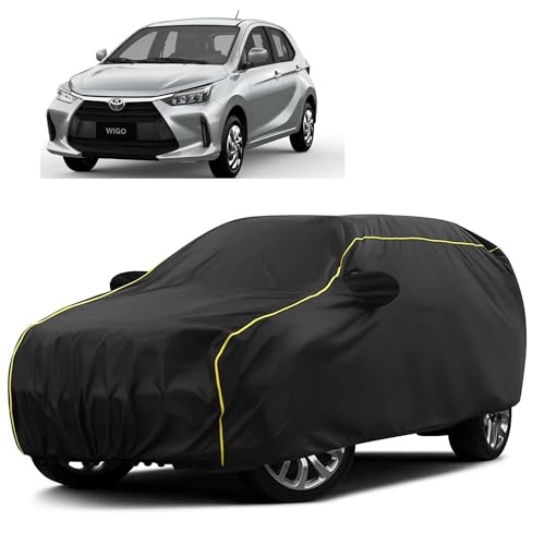 Image of Sulfar 100% Water Resistant Car Body Cover Compatible with Mirror for Toyota Wigo (Triple Stitched, Full Bottom Elastic, Black Taffeta with Yellow Piping)
