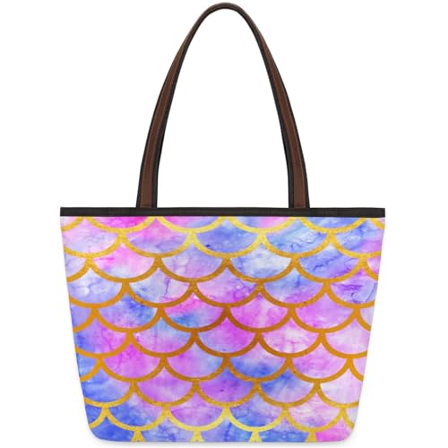 Watercolor Scales Tote Bag Multi Pocket Zippered Beach Bag Lightweight Waterproof Handbag for Women Men Work Gym Travel Swimming Yoga Grocery Shopping M