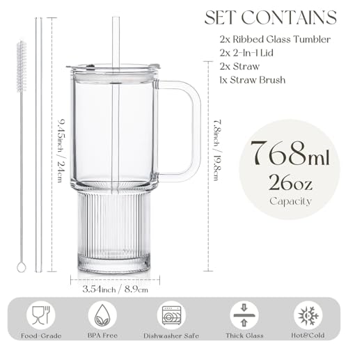 Gobelet en verre de 789 ml avec poignée grand verre transparent avec couvercle x2