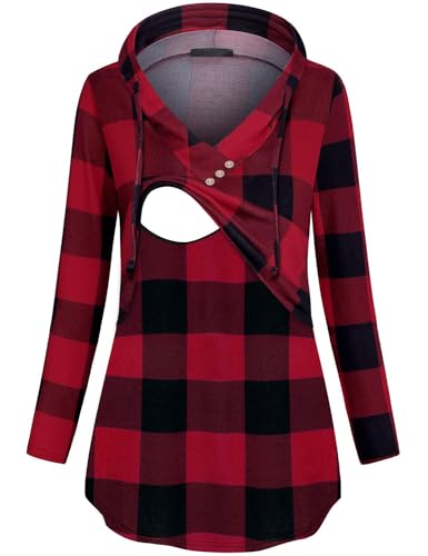 Image of Quinee Women's Long Sleeve Plaid Colorblock Nursing Pullover Hoodie Sweatshirts