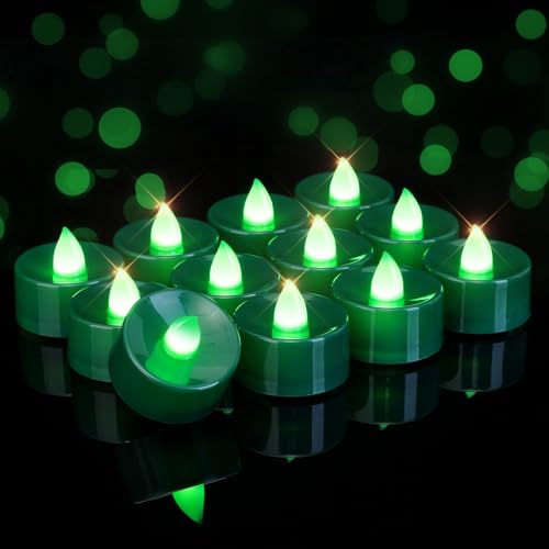 Image of Homemory Green Tea Lights Candles Battery Operated, Flickering Flameless LED Votive Candles, Warm White Tealights for Christmas, St Patricks Day, Easter, Garden Wedding, Spring Decor, 24-Pack