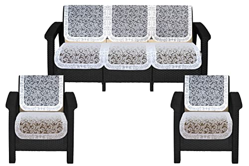 Image of The Furnishing Tree Cotton Floral Knitted Pattern 10 Pieces 5 Seater Sofa Cover Set White