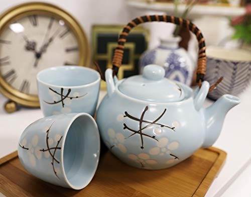 Ebros Gift Japanese Cherry Blossom Sakura Design In Pastel Sky Blue Colors Ceramic Tea Pot and Cups Set Serves 2 Excellent Home Decor Asian Living Teapots Decorative Party Hosting Dining Table Set