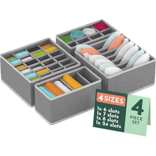 Image of Kuber Industries 4 Pcs Set Foldable Multicompartment Socks Organizer for Wardrobe | Cloth Organizer for Storage | Tie, Socks & Underwear Organisers Storage Box for Closet | Grey