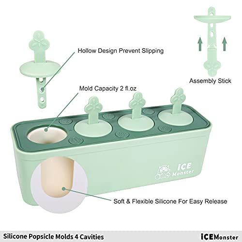 Popsicle Molds For Kids Shapes Maker 4 Cavities Food Grade Silicone Homemade Frozen Ice Popsicle Maker Bpa Free Contain 50 Popsicle Bags Popsicle Recipe By Ice Monster (4 Cavities, Green) #TOP2