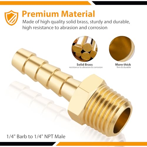 KOOTANS 4pcs Brass Hose Barb Fittings 1/4" Hose Barb to 1/4 NPT Male Thread Air Hose Fittings Brass Quick Coupler Air M Type Adapter Connector Fitting