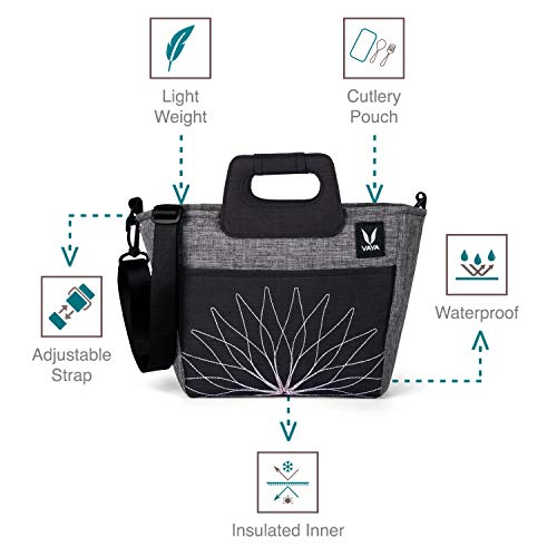 Image of VAYA BentoBag Mini - Insulated LunchBag | Waterproof and with Cutlery Pouch | Easy-to-Carry Lightweight Tote with Zip & Handle | Sling Bag with Adjustable Detachable Nylon Strap | Pepper Grey