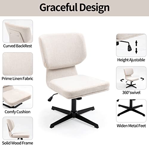 X-Volsport Swivel Armless Accent Chair For Living Room, Home Office Desk Chair No Wheels, Linen Fabric Padded Modern Office Chair, Height Adjustable Computer Chair, Beige #TOP3