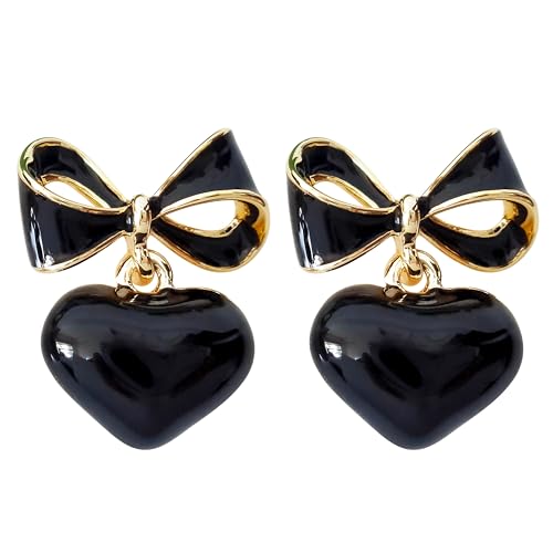 Black Heart Stud Earrings with Bow Detail