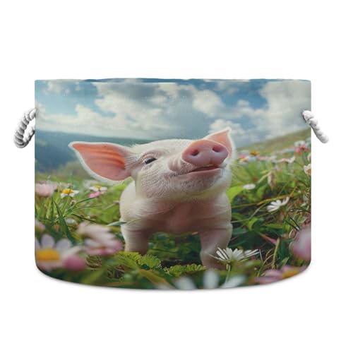 Jihqo Little Pig in Field Storage Basket Cotton Rope Baskets for Closet Fabric Laundry Baskets with Handle for Toy Home Office Room Organizer