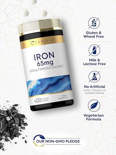 Image of Carlyle Iron Ferrous Sulfate 325mg, 65 mg | 400 Tablets | Non-GMO, Gluten Free, and Vegetarian Supplement | High Potency
