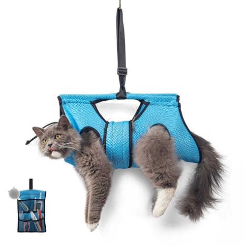 Pet Grooming Hammock for 5-11 lbs Pets, Door-Hook Hanging with Adjustable Height & Full Straps, Machine Washable with 1 Tool Bag Included Blue