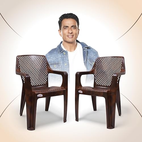 Image of AVRO Furniture Signature Heavy Duty Plastic Chair for Home, Office & Outdoor, Solid Back Support, Comfortable Seating with Arm, Ergonomic and Stackable, Pre-Assembled, 150 Kg Capacity, Set of 2, Brown
