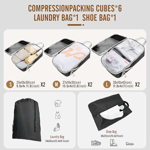 8 Set Compression Packing Cubes for Travel, Expandable Luggage Organizer with Shoe Bag & Laundry Bag - Lightweight Suitcase & Backpack Travel Essentials (Black)2
