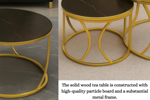 Image of Round End Table Set of Two Coffee Tables with Engineered Wood Top and Metal Frame, Contemporary Accent Side Table for Office, Bedroom, or Living Room Golden Black