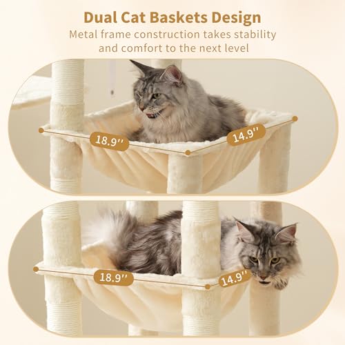 Image of Heybly Cat Tree, 71-Inch Tall Cat Tower for Large Maine Coon Cats with Extra-Large Baseboard, Cat Condo Furniture with Multi-Level Platforms, 2 Hammocks and 12 Scratching Posts, Beige HCT037M