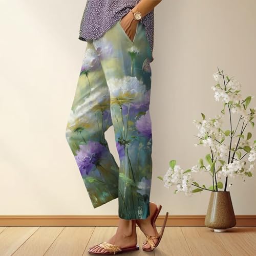 Womens Floret Pants Butterfly Floral Oil Painting Print Causal Trousers Summer Elastic Waist Pants Lightweight2