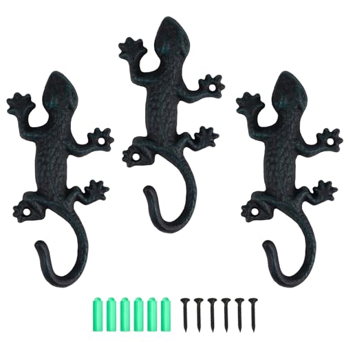efuturetime 3 Piezas Colgador Pared de Lagartija, Gancho de Pared de Hierro con Tornillos, Rústico Percheros de Pared para Colgar Ropa Llaves Sombreros Bolsos, Negro-Verde
