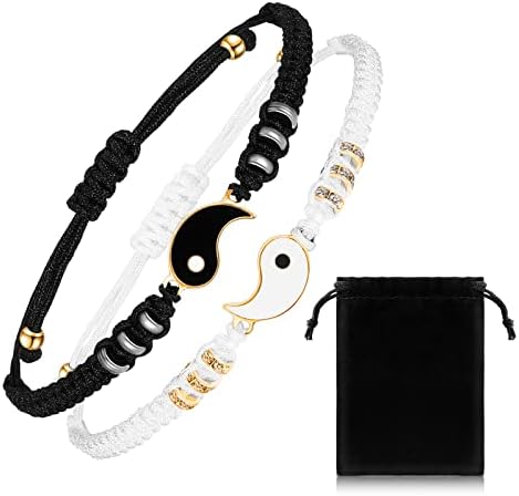 2 Matching Yin Yang Adjustable Cord Bracelet Best Friend Bracelets Matching Valentine's Day Bracelets Adjustable Cord Bracelets Handmade Magnet Bracelets for Couples for Women Men Best Friend (Gold)