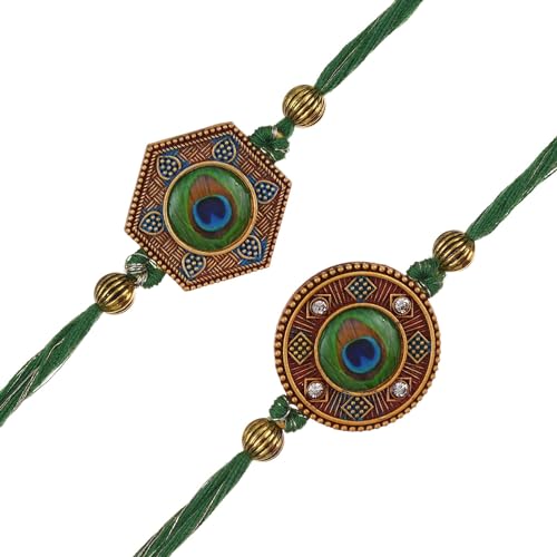 Image of eCraftIndia Unisex Adult Set Of 2 Peacock Feather Designer Rakhis For Brothers With Roli Chawal