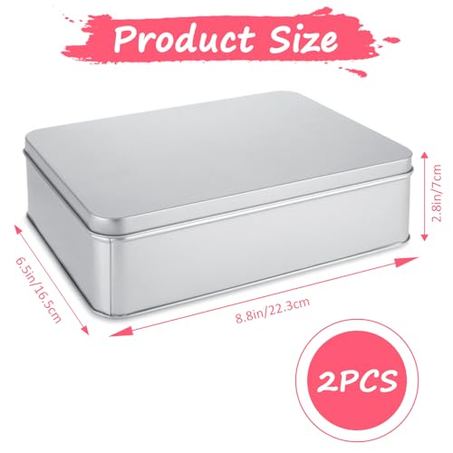 Image of 2Pcs Metal Tin Box, 8.6 inchx 6.3 inchx 2.5 inchRectangular Empty Tin Box Containers with Lids, Large Tinplate Containers for Home Organizer, Gifts, Cookies, Pencil Case, Car Keys, Craft Storage, Silver Tone