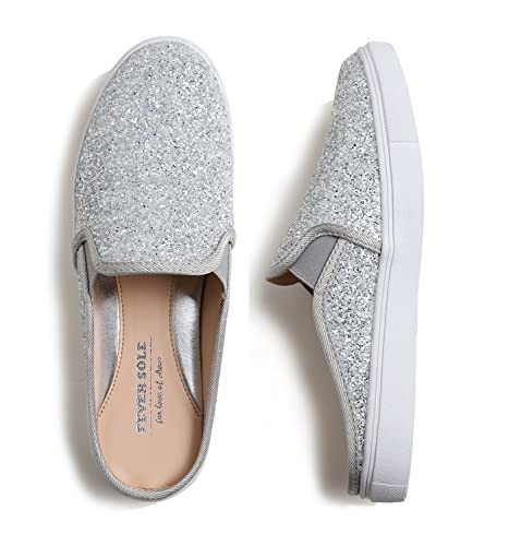 FEVERSOLE Women's Sport Mules Slip On Loafers Fashion Backless Sneakers Silver Glitter Size 8.5 M US