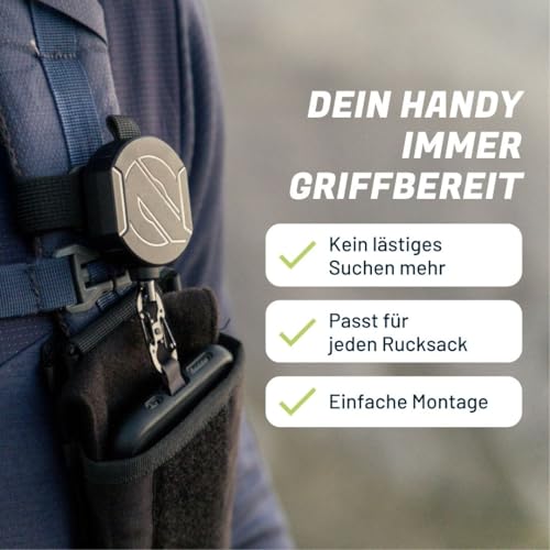 REELOQ PRO Handysicherung, inkl. Rucksack-Handytasche, einziehbares Sicherungsseil mit Original FLEXLOCK®, Rucksack Handyhalterung fürs Wandern/Klettern (360° Version)