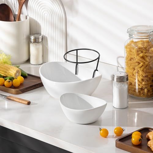 MALACASA Obstschale Etagere mit 2 Etagen, Servierschüssel aus Keramik, Salatschüssel mit Dip-Schale & Metallgestell für Party Buffet, Vielseitiges Servierset für Salat/Obst/Snacks/Gemüse, Weiß