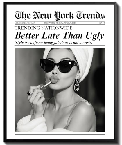 uniro Trendy Newspaper Wall Art Prints, Vintage Black And White Newspaper Poster " Better Late Than Ugly" Positive Affirming Quote Aesthetic Pictures, Retro Girly Dorm Room Decor Disco Poster, Funky Bathroom Wall Decor for Teen Girl Bedroom Apartment, Bar Cart decor - Unframed