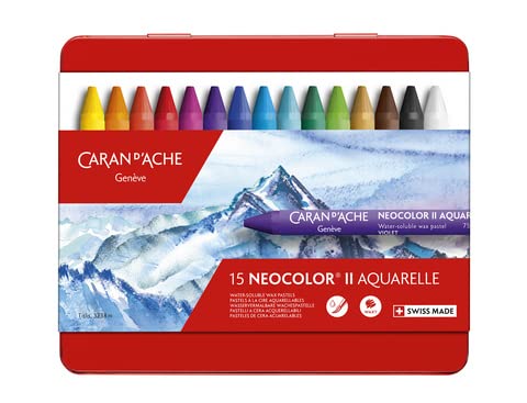 Caran Dache Set Of 15 Neocolor II Artist Sketching Watersoluble Wax Oil Pastels In Metal Case Set 7500_315