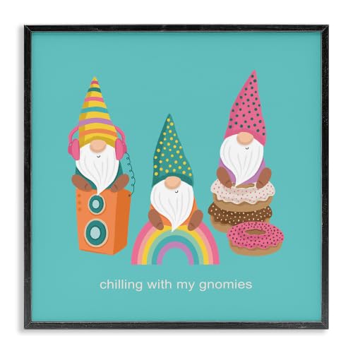 Whimsical Gnomies Floral Garden Pattern, 17 x 17 Inch Framed Giclée Print