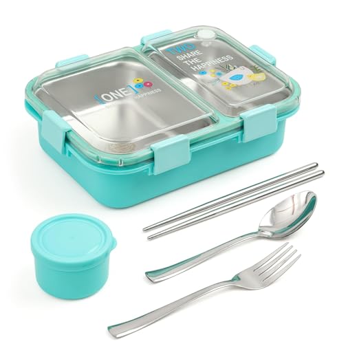 Image of PRIME DEALS Lunch Box 2 Compartment Leak-Proof BPA Free Stainless Steel, Lunch Box for Kids, Lunch Box for School & Office with a Fork, a Spoon and a Pair of Chopsticks (Sky Blue, 2 Compartment)