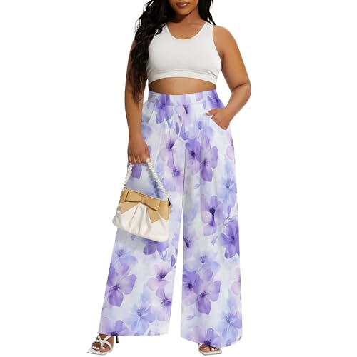 Women's Plus Size Wide Leg Pants Summer Casual Palazzo High Waist Floral Long Trousers with Pockets