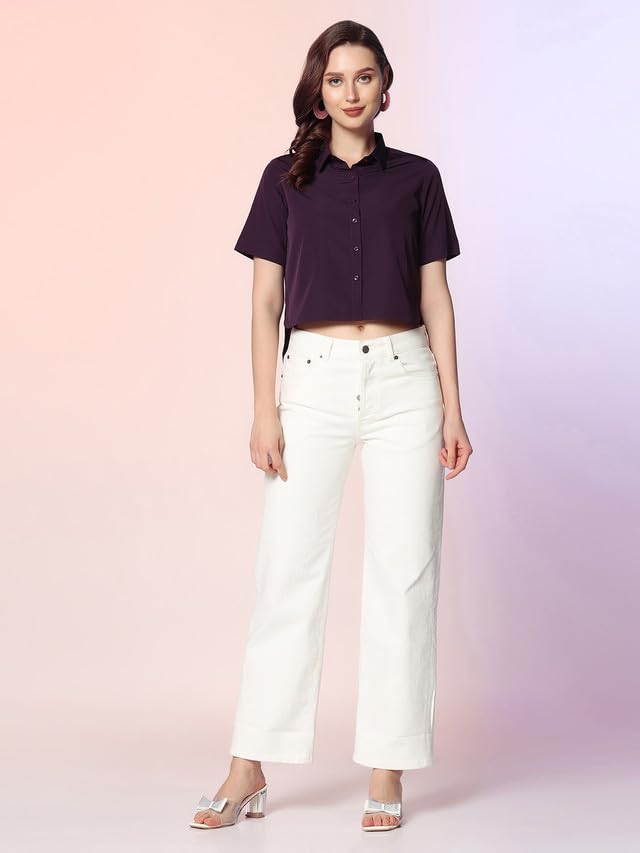 Image of Selvia Women's Regular Fit Short Sleeves Solid Crepe Crop Shirt