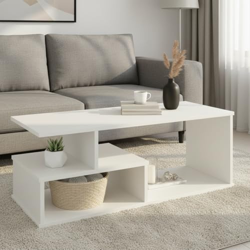Image of FURNEASER Witely Coffee Table Modern Centre Table with Storage Shelves, Teapoy, Centerpiece Tea & Coffee Table for Living Room, Engineered Wood, Matte Finish, White, 90x45x36 cm