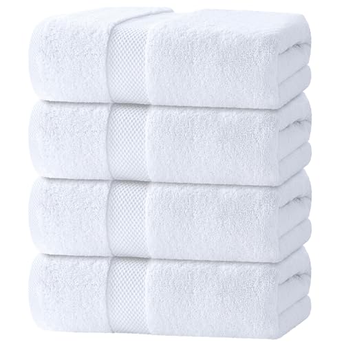 White Classic Luxury Bath Towels Set of 4 Large – 700 GSM Turkish Cotton Ultra Soft Bath Towels 27×54 | Highly Absorbent and Quick Dry | Hotel Towels for Bathroom Luxury, Plush Shower Towels, White
