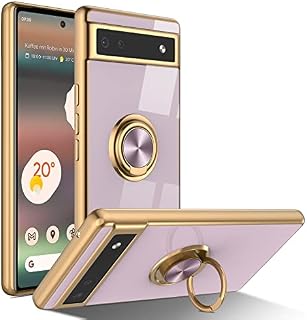 ZTOFERA Compatible with Google Pixel 6a Case with 360 Degree Rotation Stand Ring Holder, Flexible Silicone Phone Case with Magnetic Metal for Car Mount Gold Edging Shockproof Cover, Purple
