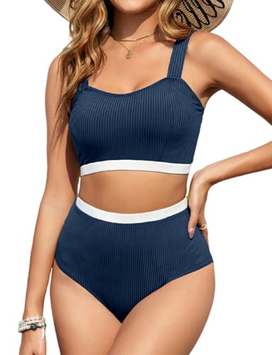 Vancavoo Conjuntos De Bikini para Mujer Bikinis Deportivo Chaleco de Tirantes Push-up Acolchado Extraíble Cintura Alta Pantalones Cortos Dos Piezas Traje De Baño De Playa,Azul Marino+Blanco,M