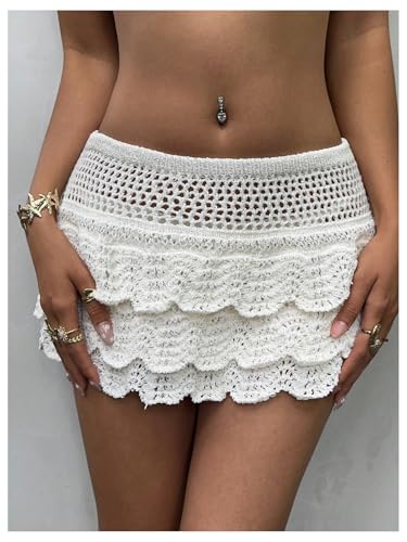 WDIRARA Women's Boho Crochet Layered Mini Skirt Hollow Out Scalloped Knit Skirts4