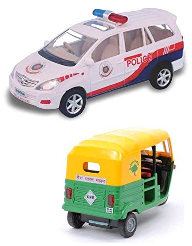 Online Collections Compatible 2 Combo Pull Back Police Chase Car And Cng Auto Car For Child Centy Toys Police - Multicolor