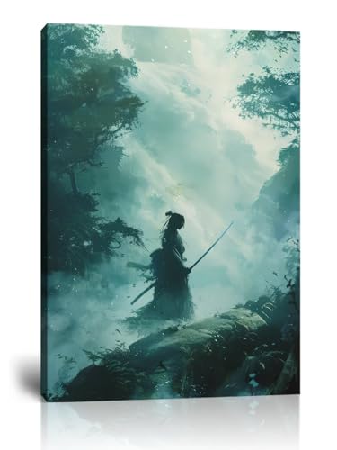 Japanese Samurai Wall Art Forest Samurai Canvas Picture Japan Warrior Pictures Poster Bushido Print Painting for Living Room Bedroom Home Decor Framed (18"L x 24"W)