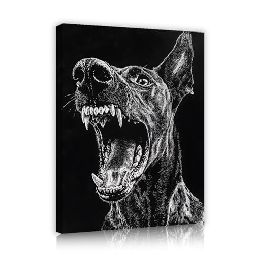 UIRINGART Lienzo negro gran tamaño Arte pared rugiente perro salvaje pintura impresión Retrato animal feroz Póster para sala estar Decoración pared oficina 75x100cm marco interior