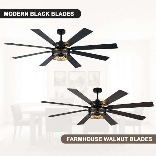 Image of 72 Inch Farmhouse Ceiling Fan with Lights Remote Rustic Fandelier | Black Caged Fandalier Ceiling Fan Industrial Large Chandelier, Reversible 6 Speed 8 Dual Blades 3 E26 Sockets for Living Room