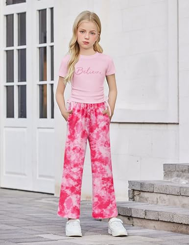 Image of Arshiner Girls 2 Piece Outfit Ruched Drawstring Tops and Wide Leg Pants Set